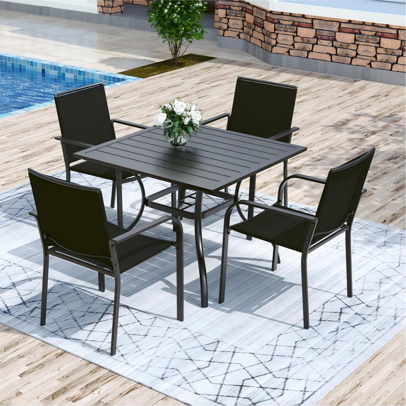 Anmutig 3-Piece Outdoor Dining Set, Small Metal Bistro Table with 2 Stackable Patio Chairs, 27.5 x 27.5 Inch Round Table, Brown Fabric