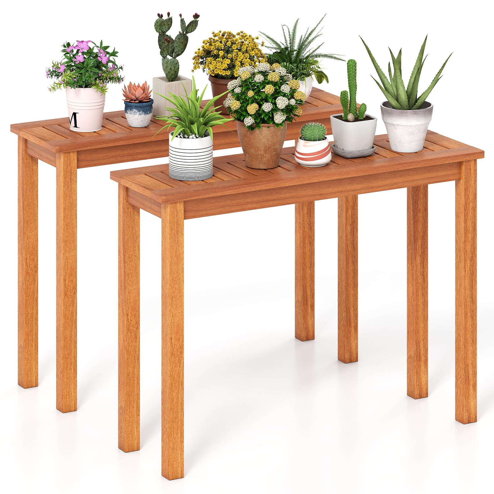 Tangkula Wooden Plant Stand, Outdoor Indoor Solid Wood Flower Pot Holder Display Shelf with Teak Oil Finish, Slatted Top, Rustic Plant Rack for Patio Garden Entryway Porch