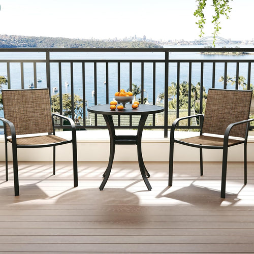Anmutig 3-Piece Outdoor Dining Set, Small Metal Bistro Table with 2 Stackable Patio Chairs, 27.5 x 27.5 Inch Round Table, Brown Fabric