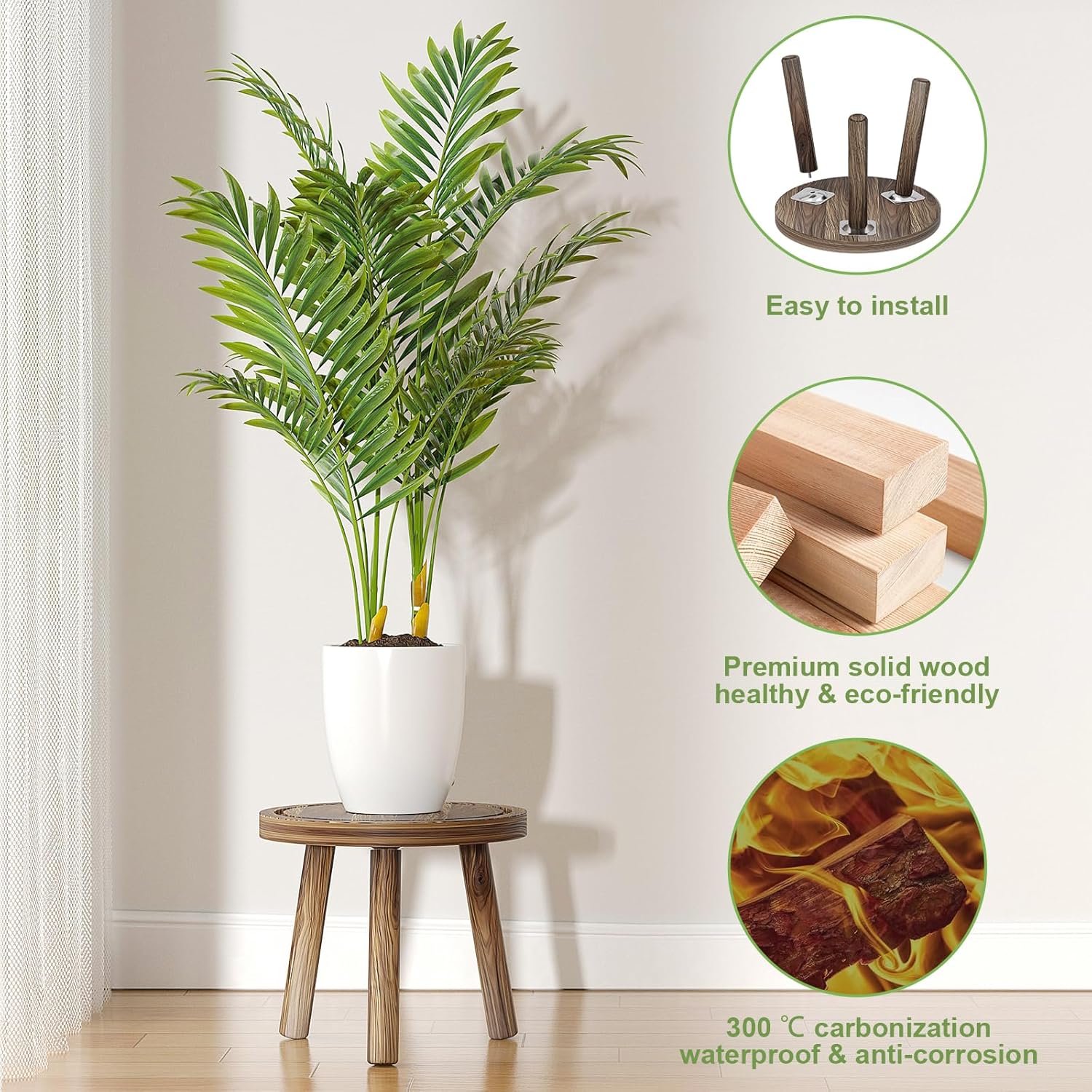 3-Pack Wood Plant Stands Indoor, Single Plant Stand for 6-12 Inch Pots, Mid-Century Modern Plant Stool, Tall Plant Stand for Large Plants Perfect Fit for Living Room, Balcony, Office