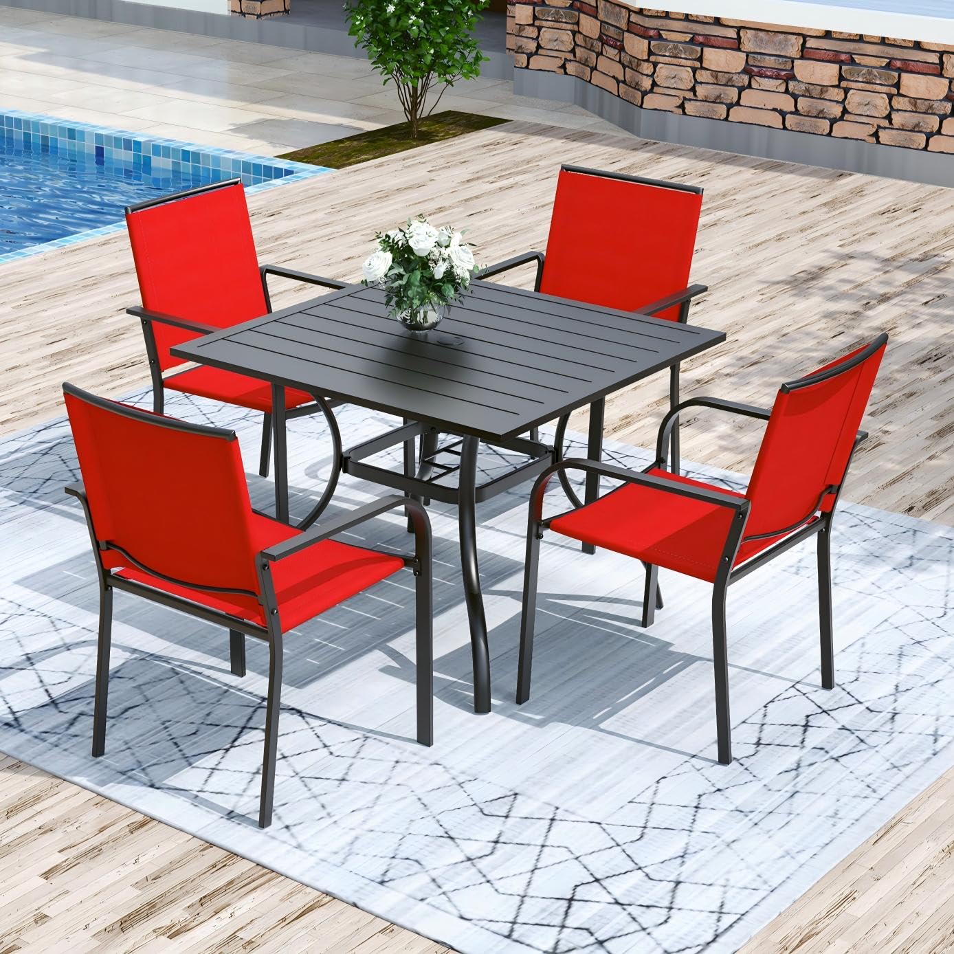 Anmutig 3-Piece Outdoor Dining Set, Small Metal Bistro Table with 2 Stackable Patio Chairs, 27.5 x 27.5 Inch Round Table, Brown Fabric