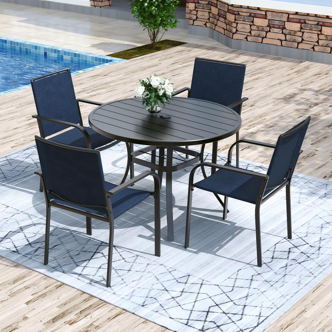Anmutig 3-Piece Outdoor Dining Set, Small Metal Bistro Table with 2 Stackable Patio Chairs, 27.5 x 27.5 Inch Round Table, Brown Fabric