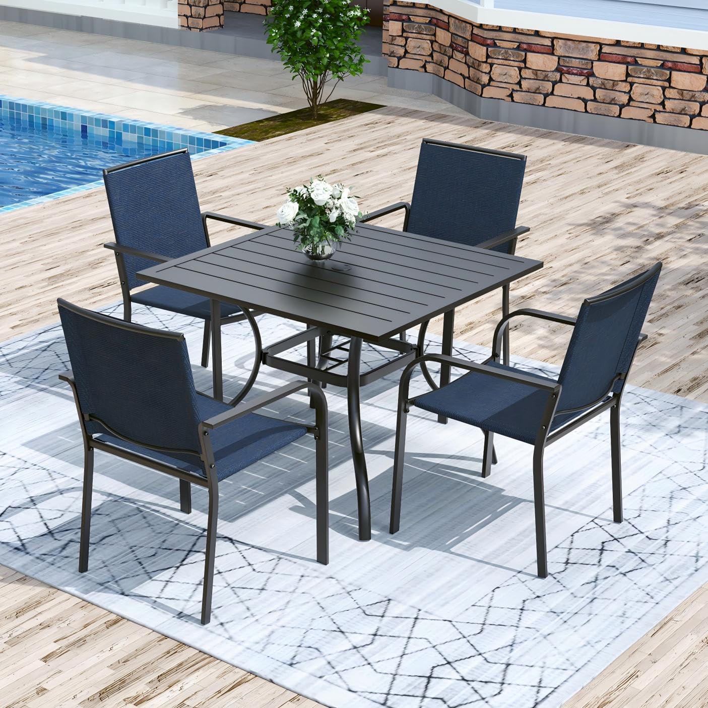 Anmutig 3-Piece Outdoor Dining Set, Small Metal Bistro Table with 2 Stackable Patio Chairs, 27.5 x 27.5 Inch Round Table, Brown Fabric