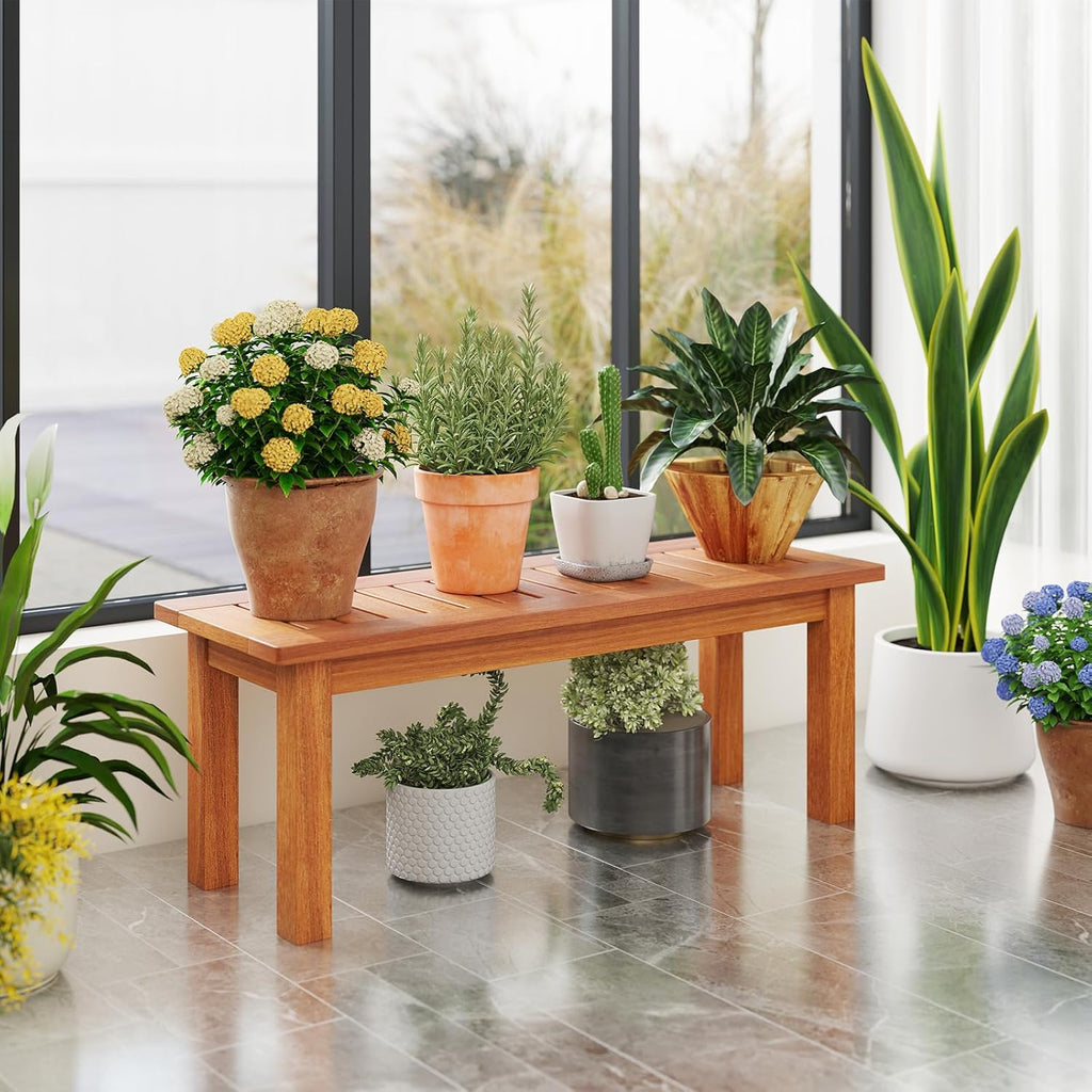 Tangkula Wooden Plant Stand, Outdoor Indoor Solid Wood Flower Pot Holder Display Shelf with Teak Oil Finish, Slatted Top, Rustic Plant Rack for Patio Garden Entryway Porch