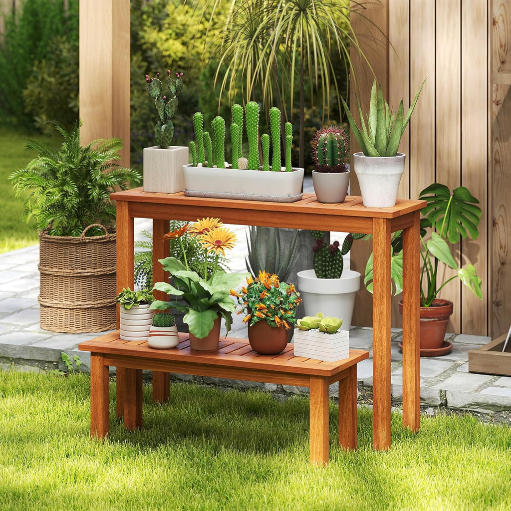 Tangkula Wooden Plant Stand Set of 2, Outdoor Indoor Solid Wood Flower Pot Holder Display Shelf w/ Teak Oil Finish, Slatted Top, Rustic Plant Rack for Patio Garden Entryway Front Porch (Set of 2)