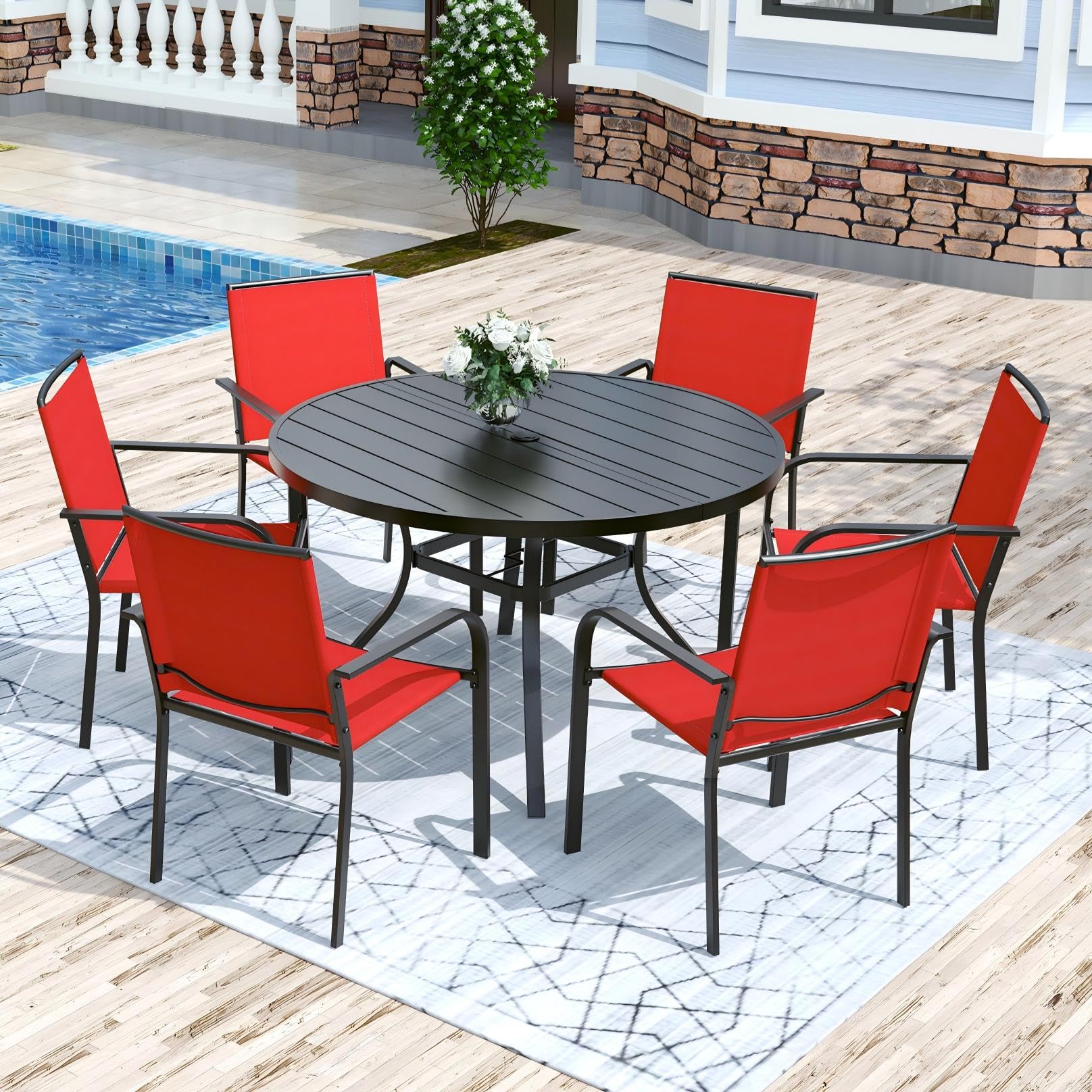 Anmutig 3-Piece Outdoor Dining Set, Small Metal Bistro Table with 2 Stackable Patio Chairs, 27.5 x 27.5 Inch Round Table, Brown Fabric