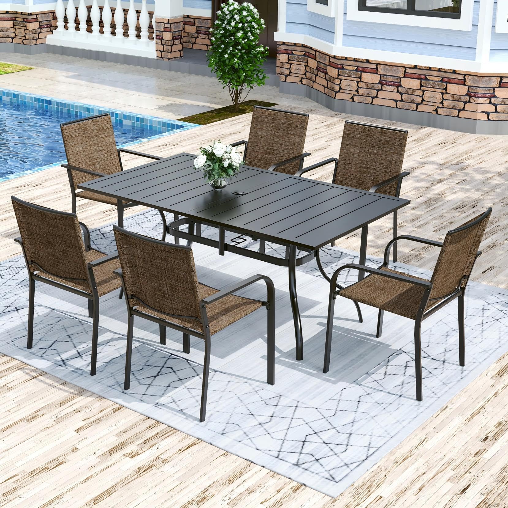 Anmutig 3-Piece Outdoor Dining Set, Small Metal Bistro Table with 2 Stackable Patio Chairs, 27.5 x 27.5 Inch Round Table, Brown Fabric