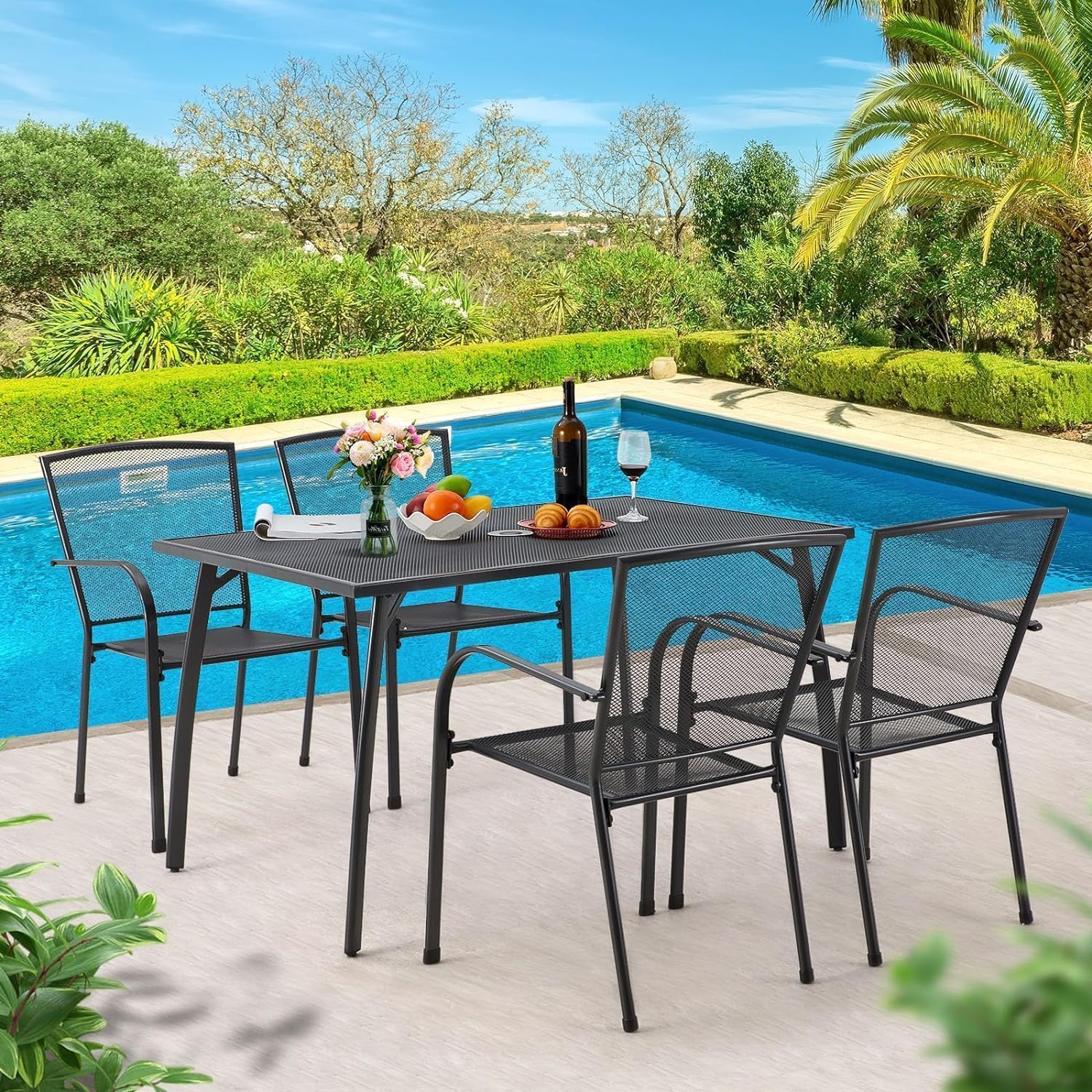 AECOJOY Outdoor Patio Chairs Set of 4, Metal Stackable Lawn Chairs with Armrests & Breathable Metal Mesh, 4 Pack Bistro Chairs for Outdoor Dining Set