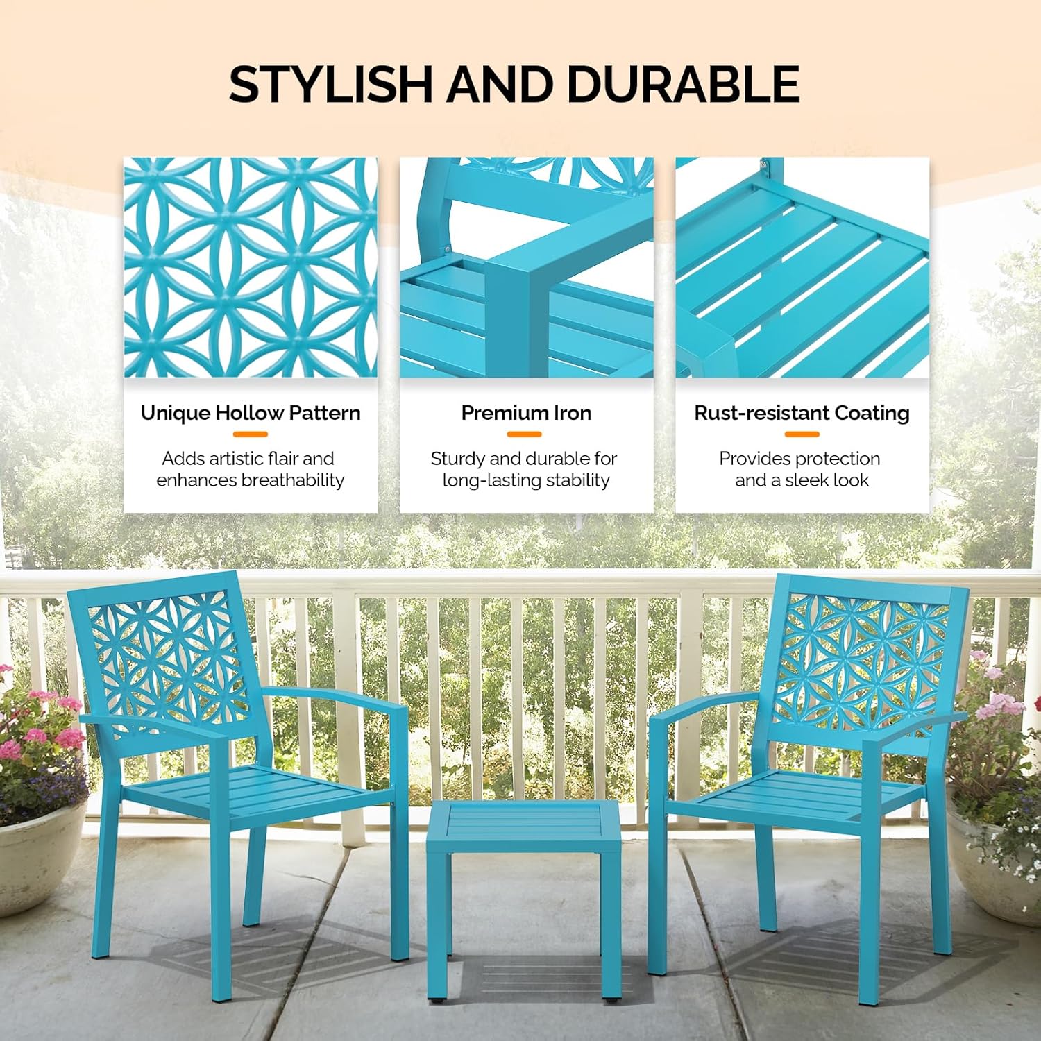 VINGLI 3-Piece Outdoor Bistro Set, Stackable Modern Metal Steel Table and Chairs with Rust-Resistant Coating, Small Patio Furniture Conversation Set for Porch, Deck, Balcony, Garden, Blue