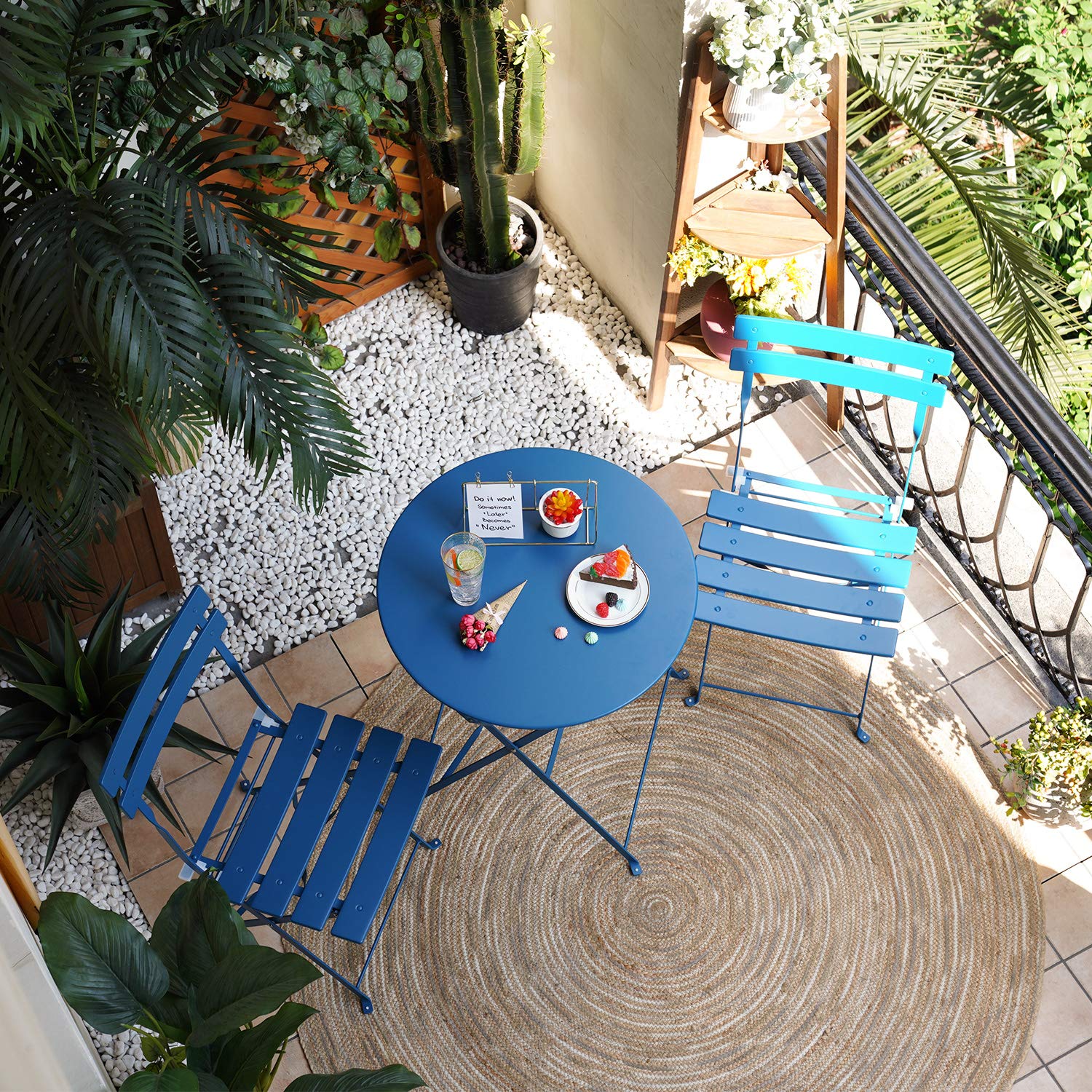 Grand patio 3-piece Steel Foldable Bistro Set, 2 Chairs and 1 Table, Weather-Resistant Outdoor/Indoor Conversation Set for Patio, Yard, Garden-Macaron Blue