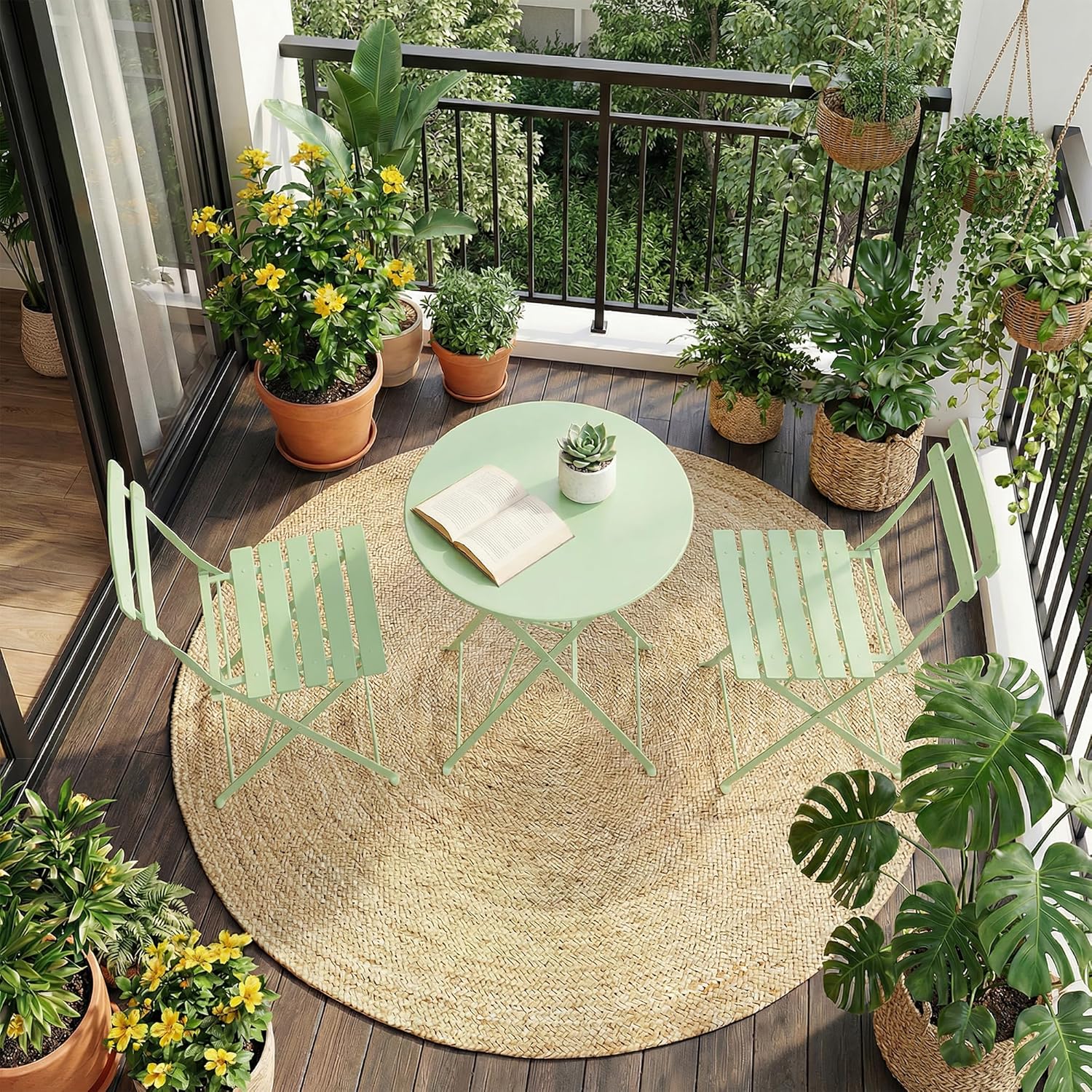 GarveeLife 3 Piece Patio Bistro Set, Folding Patio Bistro Table and Chairs Set of 2, Outdoor Patio Furniture Set, Metal Structure, No Assembly Need, for Balcony Yard Garden, Green