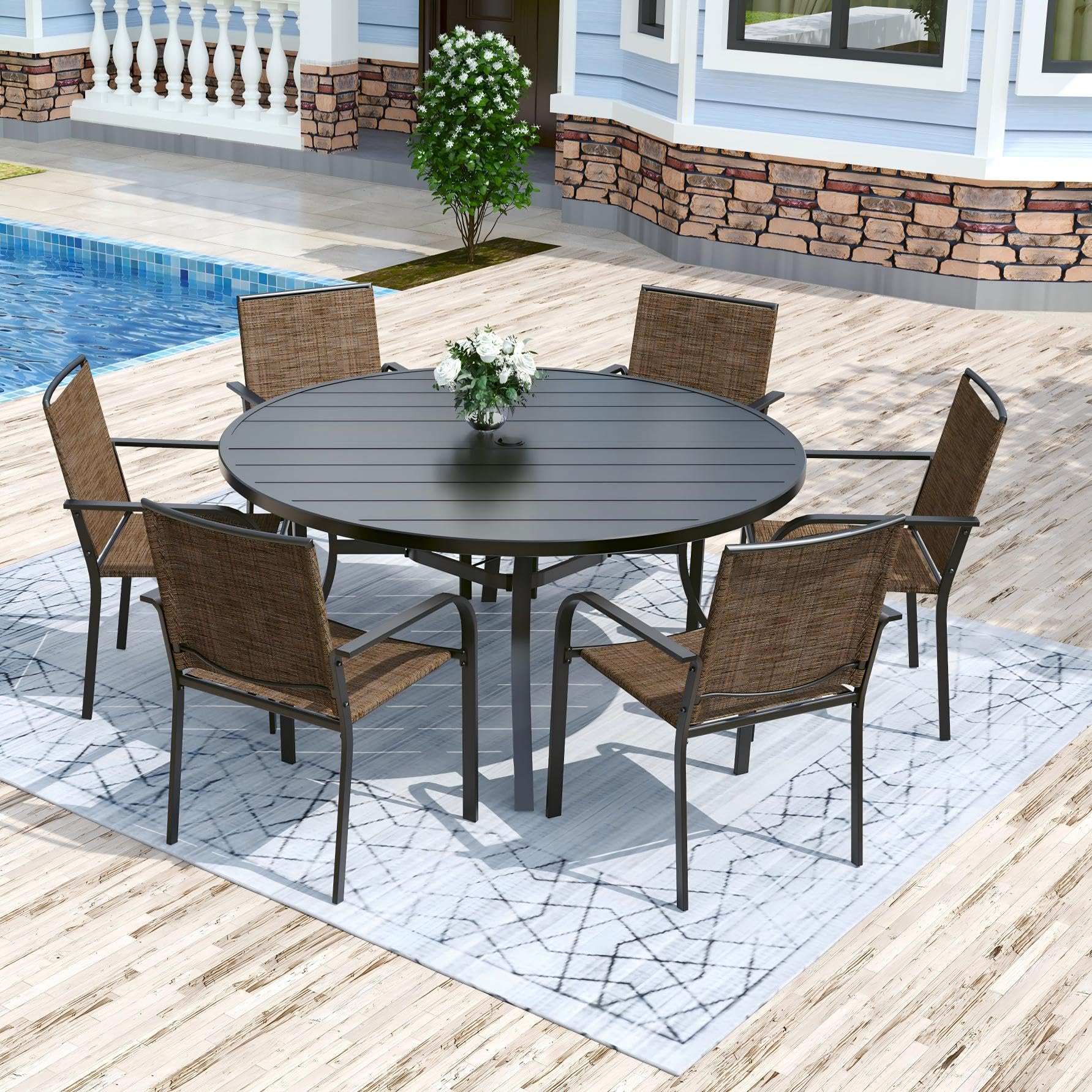 Anmutig 3-Piece Outdoor Dining Set, Small Metal Bistro Table with 2 Stackable Patio Chairs, 27.5 x 27.5 Inch Round Table, Brown Fabric