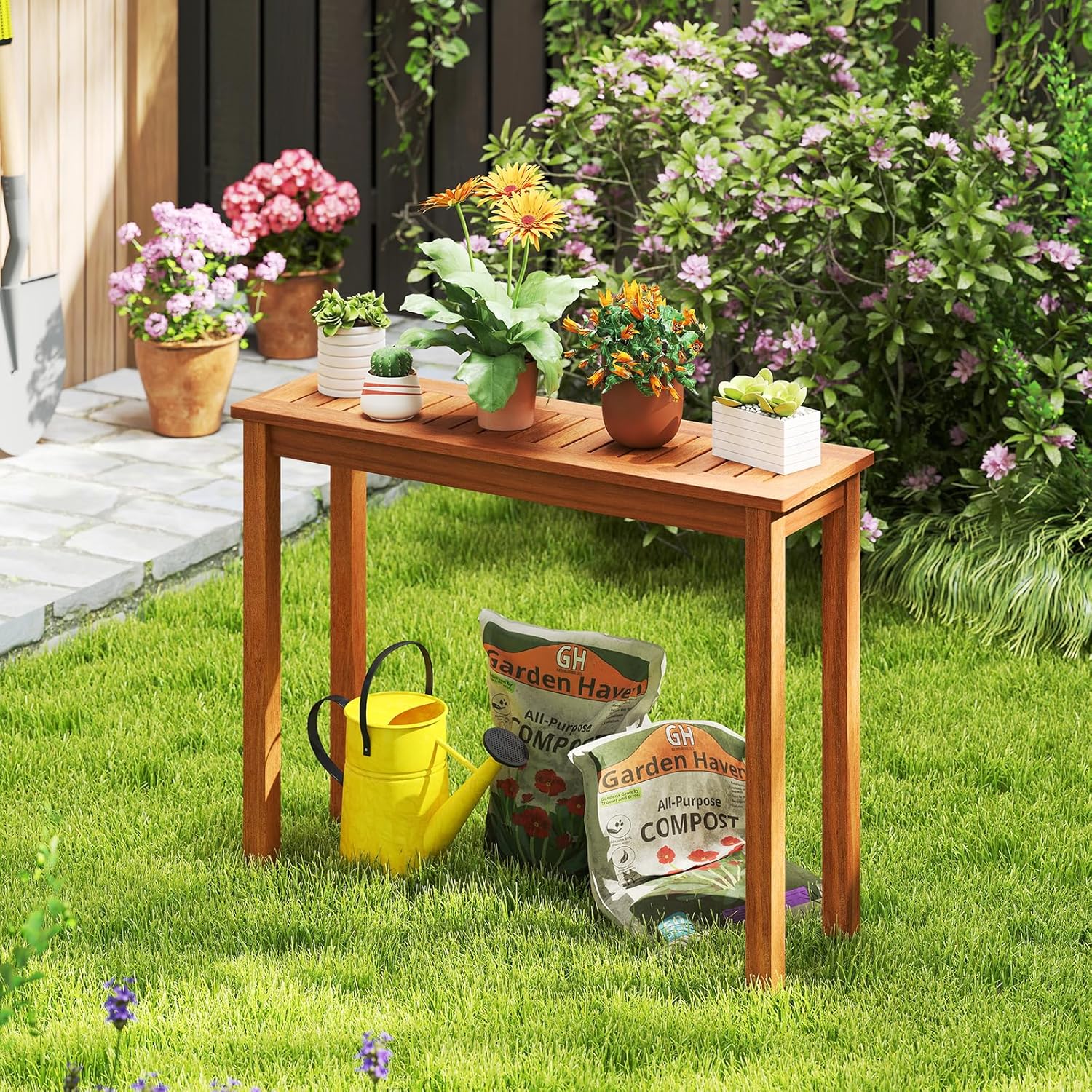 Tangkula Wooden Plant Stand, Outdoor Indoor Solid Wood Flower Pot Holder Display Shelf with Teak Oil Finish, Slatted Top, Rustic Plant Rack for Patio Garden Entryway Porch