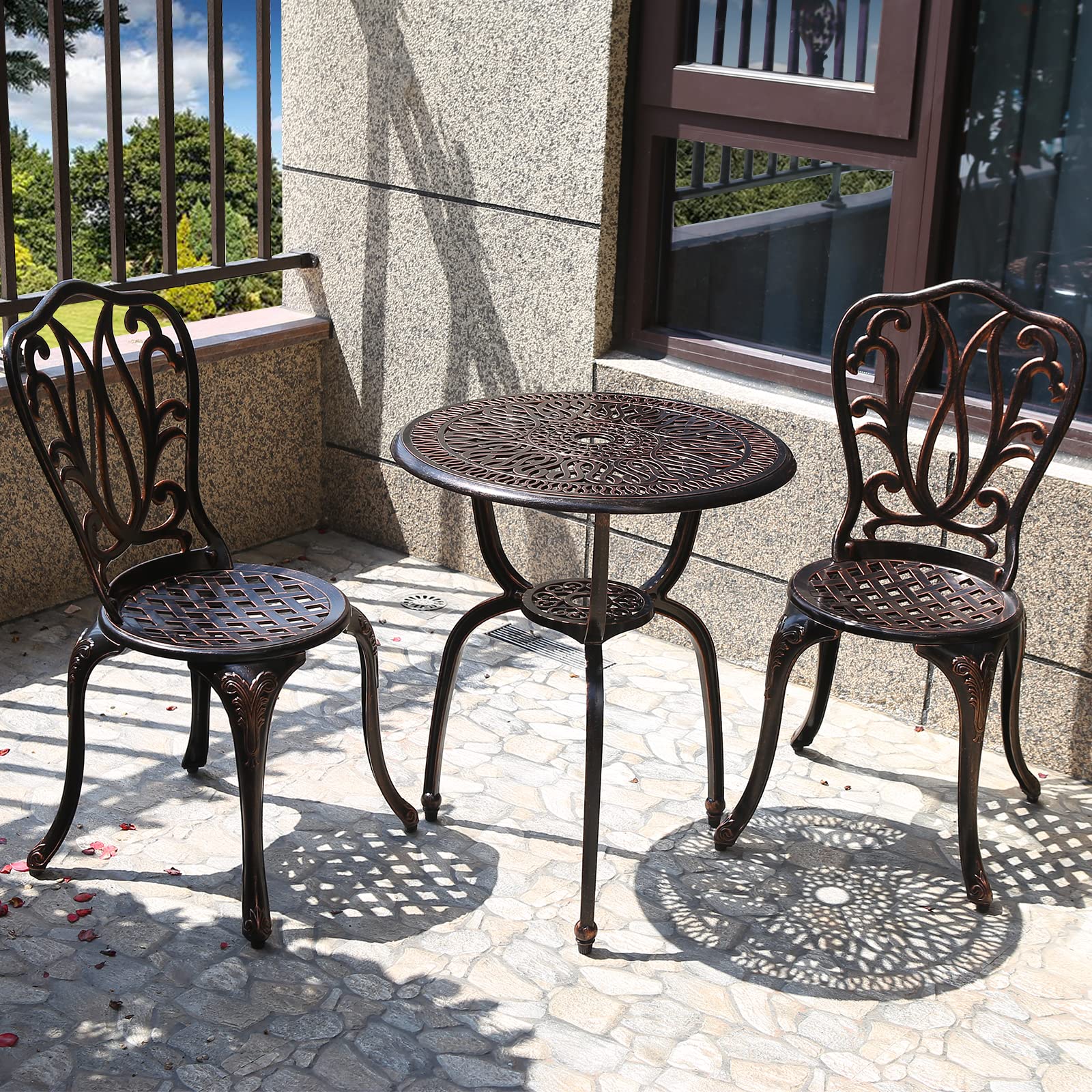 C/G 3 Piece Bistro Set, Outdoor Patio Table, Anti-Rust Cast Aluminum for Front Porch & Yard (Antique Copper)